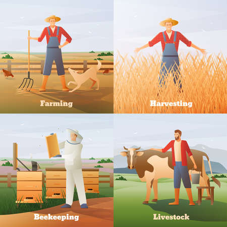 Agriculture flat compositions on nature background including farmer with pitchfork and livestock, harvesting, beekeeping isolated vector illustrationのイラスト素材