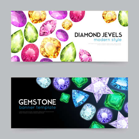 Two horizontal gemstones diamond jewels banner set with diamond jewels modern style and gemstone headlines vector illustrationのイラスト素材