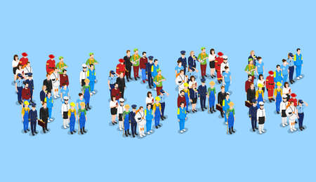 Profession isometric set with groups of uniformed faceless human characters forming the word work vector illustrationのイラスト素材