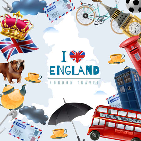 England london travel frame background with collage of flat images with stereotype items and editable text vector illustrationのイラスト素材