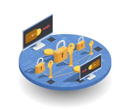 Cryptocurrency investments and earnings isometric concept with wallet on screens, transaction security on round platform vector illustrationのイラスト素材