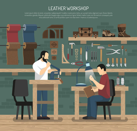 Skinners working with leather in workshop interior with tools and skin goods flat vector illustrationのイラスト素材