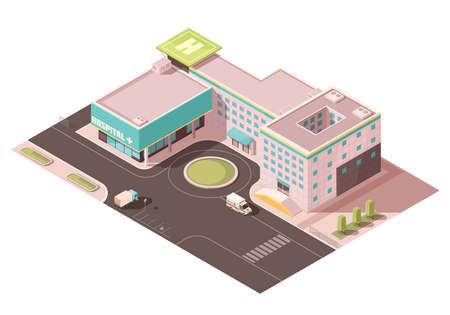 Hospital with signage, helicopter pad and ventilation equipment on roof, road infrastructure, transportation  isometric mockup vector illustrationのイラスト素材