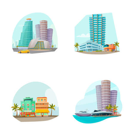 Miami cityscape 4 famous landmarks icons composition with beach resort area and towers isolated cartoon vector illustrationのイラスト素材