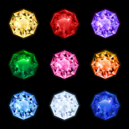 Colored and isolated realistic diamond gemstone icon set in round shapes and different colors vector illustrationのイラスト素材