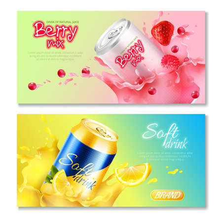 Two colored aluminum cans drinks horizontal banner set with drink natural juice berry mix and soft drink descriptions vector illustrationのイラスト素材