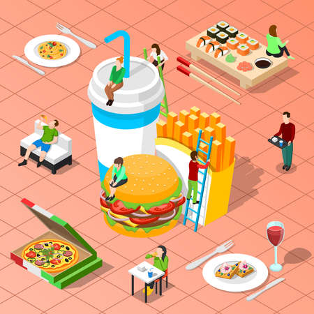 Fast food isometric composition with pizza grilled potato hamburger sushi big icons and little people figurines vector illustrationのイラスト素材