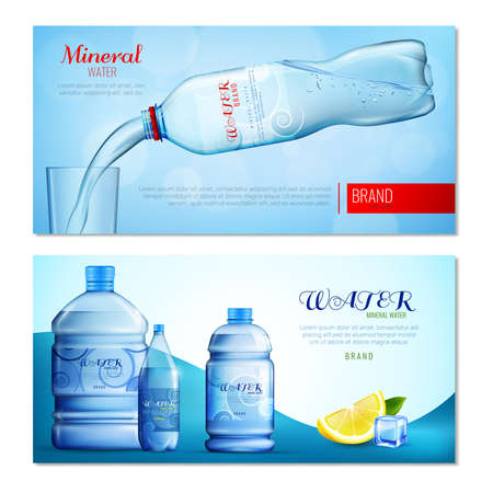 Horizontal banners with drinking water in plastic bottle, slice of lemon, ice cube isolated vector illustrationのイラスト素材