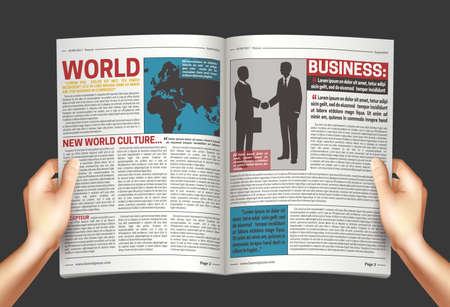 Reading world business news poster with hands holding open newspaper on dark graphite grey background vector illustrationのイラスト素材