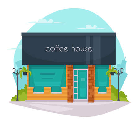 Coffeehouse coffee shop cafe street view flat poster with black roof and large green window panels vector illustrationのイラスト素材