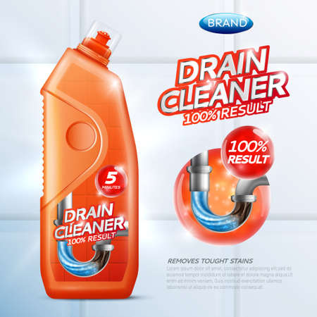 Colored drain cleaner poster with drain cleaner 100 percent result removes tought stains description vector illustrationのイラスト素材