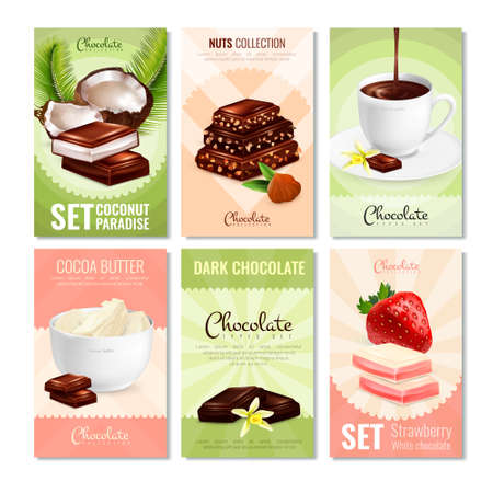 Set of six cocoa product cards with different types of chocolate cocoa sweets and filler images vector illustrationのイラスト素材