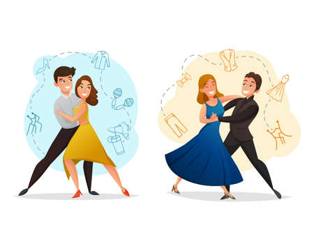 Classic pair dance 2 web templates set with tango and waltz moves background retro isolated vector illustrationのイラスト素材