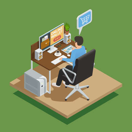 Payment methods isometric composition with online shop  customer paying with credit card transaction colorful background vector illustrationのイラスト素材