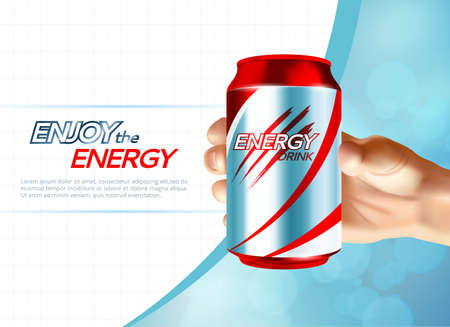 Colored metal can hand poster with enjoy the energy description and hand holding a bottle vector illustrationのイラスト素材