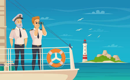 Yacht cruise liner captain and first chief officer on bow front of the ship cartoon vector illustrationのイラスト素材