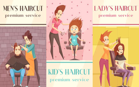 Barbershop vertical banners set with men lady and kids haircut symbols flat isolated vector...