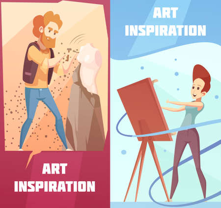 Art inspiration 2 vertical retro cartoon banners set with carving sculptor and painting artist isolated vector illustrationのイラスト素材