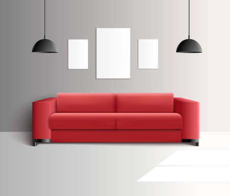Living room furniture interior realistic composition with red sofa hanging lamps and blank frames for pictures vector illustrationのイラスト素材