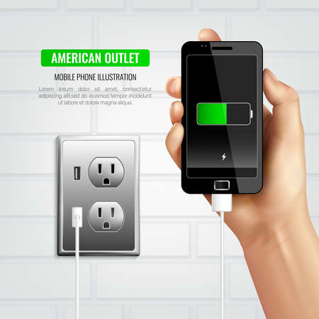 Colored stylish american outlet mobile phone composition with charging the black phone vector...