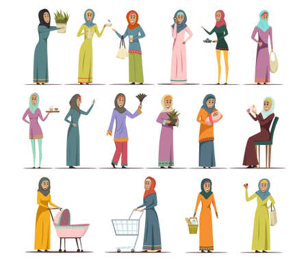 Arabic woman icons set with work and family symbols flat isolated vector illustrationのイラスト素材