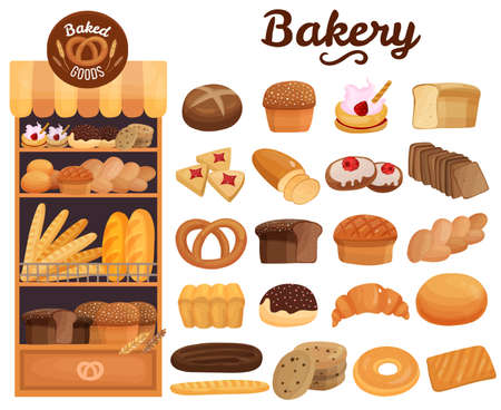 Set of bakery products on wooden shelves including bread, pie, cookies, buns, bagel, pretzel isolated vector illustrationのイラスト素材