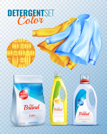 Colored and isolated detergents clothes transparent icon set with conditioner washing powder and clean shirts vector illustrationのイラスト素材