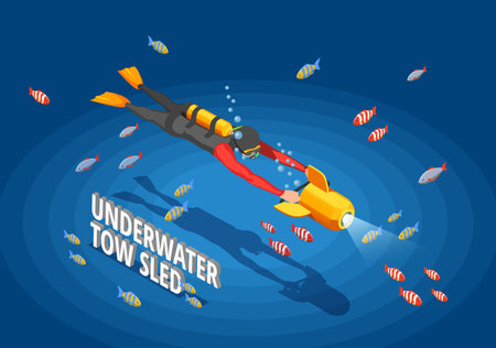 Scuba diving snorkelling isometric composition with human character in wet suit with spotlight and cumbersome text vector illustrationのイラスト素材
