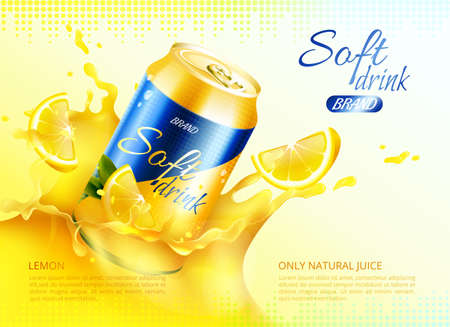 Colored soft drink metal can poster with only natural juice lemon description vector illustrationのイラスト素材