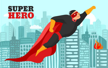 Smiling superhero in red black clothing and mask, flying over city at day time vector illustrationのイラスト素材
