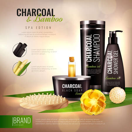 Handmade body cosmetics with charcoal and bamboo, wooden massage brush ad poster on blurred background vector illustrationのイラスト素材