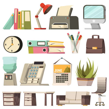 Office orthogonal icon set with elements and tools of work desk and cabinet vector illustrationのイラスト素材