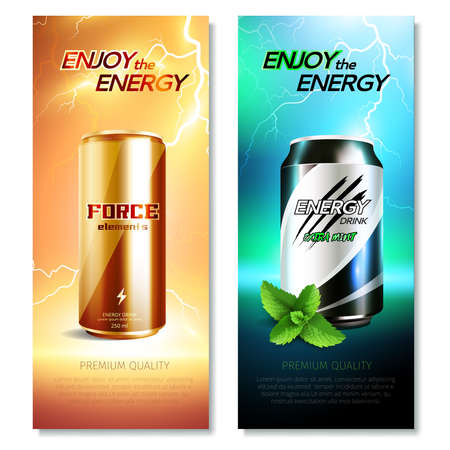 Two isolated aluminum cans drinks vertical banner set with enjoy the energy descriptions vector illustrationのイラスト素材