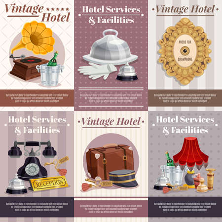 Colored vintage hotel poster set with best service and facilities descriptions and different attributes for work vector illustrationのイラスト素材