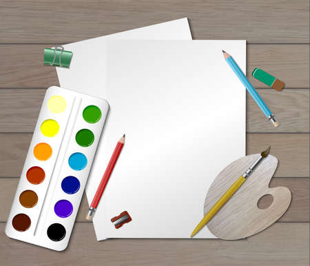 Creative colored workplace composition for designer or child engaged in visual arts vector illustrationのイラスト素材
