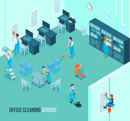 Professional office cleaning team at work wiping mirrors dusting tables vacuuming floor carpets isometric advertisement vector illustrationのイラスト素材