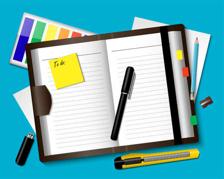 Business workplace colored composition with realistic notepad pen and sticker to do vector...