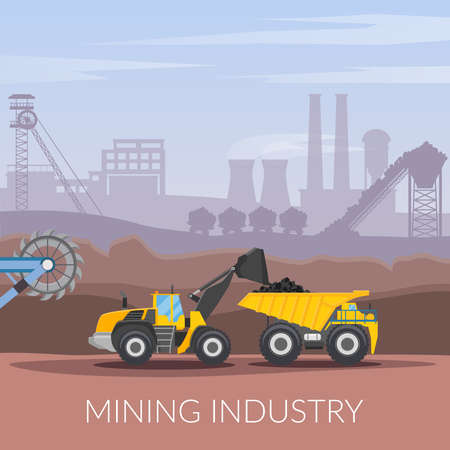 Mining industry flat composition with coal loading by excavator to truck on factory background vector illustrationのイラスト素材