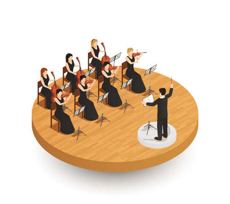Orchestra isometric composition with conductor and female musicians playing various musical instruments on wooden stage 3d vector illustrationのイラスト素材