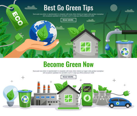 Two ecology banner set with best to green tips become green now headlines and read more buttons vector illustrationのイラスト素材