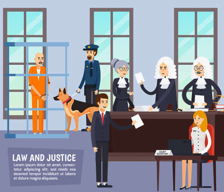 Courtroom orthogonal composition with judge, lawyers with documents, secretary, policeman and suspected in jail flat vector illustrationのイラスト素材
