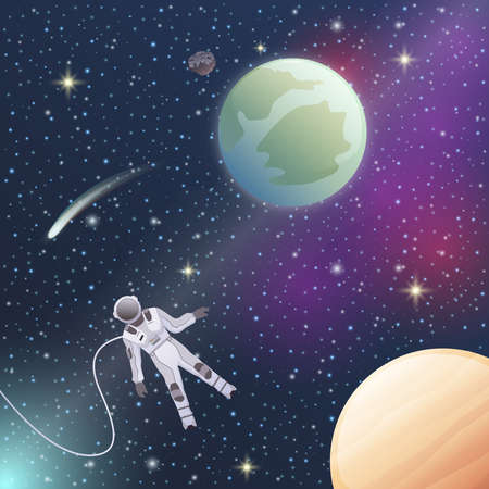 Astronaut in environmental suit in outer space flat composition on dark background with shiny stars vector illustrationのイラスト素材