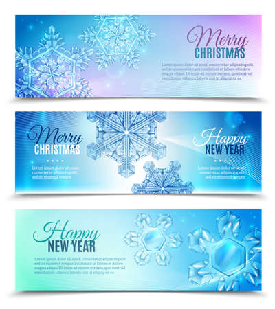Three horizontal realistic snowflake banner set with marry Christmas and happy new year vector illustrationのイラスト素材