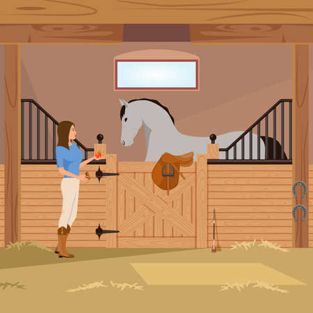 Girl with apple near grey trotter in stall with horseshoes, saddle and whip flat composition vector illustrationのイラスト素材