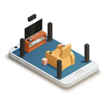 Isometric concept with modern home theater interior on smartphone screen 3d vector illustrationのイラスト素材