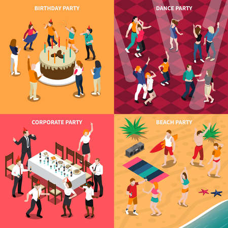 Isometric design concept with people at birthday party, dance evening, corporate celebration and beach isolated vector illustrationのイラスト素材