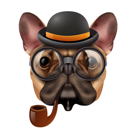 Colored realistic vintage hipster bulldog composition with stylish dog dressed in hat and glasses vector illustrationのイラスト素材