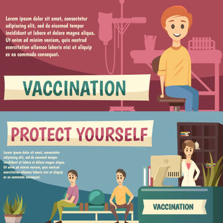 Compulsory vaccination 2 orthogonal banners set wiith information on health benefits and personal protection isolated vector illustrationのイラスト素材