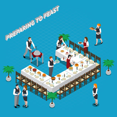 Preparing to feast isometric composition with waiters, dishware and food on table on blue background vector illustrationのイラスト素材