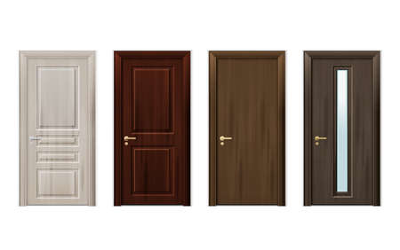 Four isolated and realistic wooden doors design icon set in different styles and colors vector illustrationのイラスト素材